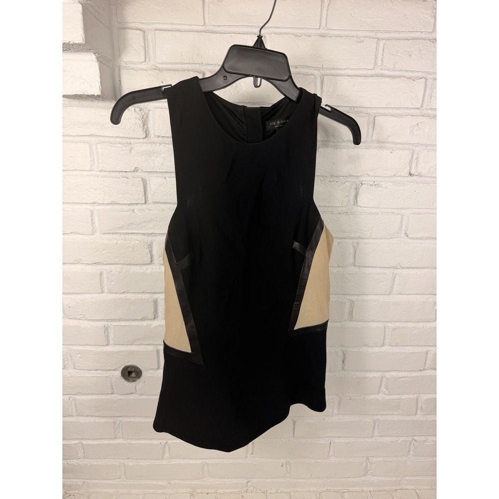 Rag & Bone Womens 6 Black Mesh Lamb Leather Panel Sleeveless Tunic Top